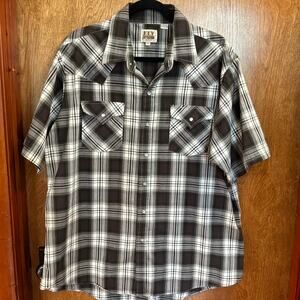 Vintage Ely Cattleman Shirt Mens Pearl Snap Plaid Black White Short Sleeve XL